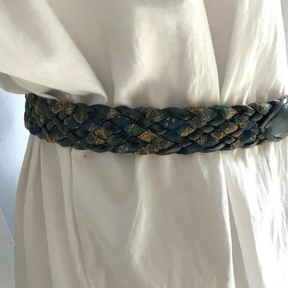Vintage Leather and Silk Braided Women's Belt in Blue and Gold - Picture 2 of 11